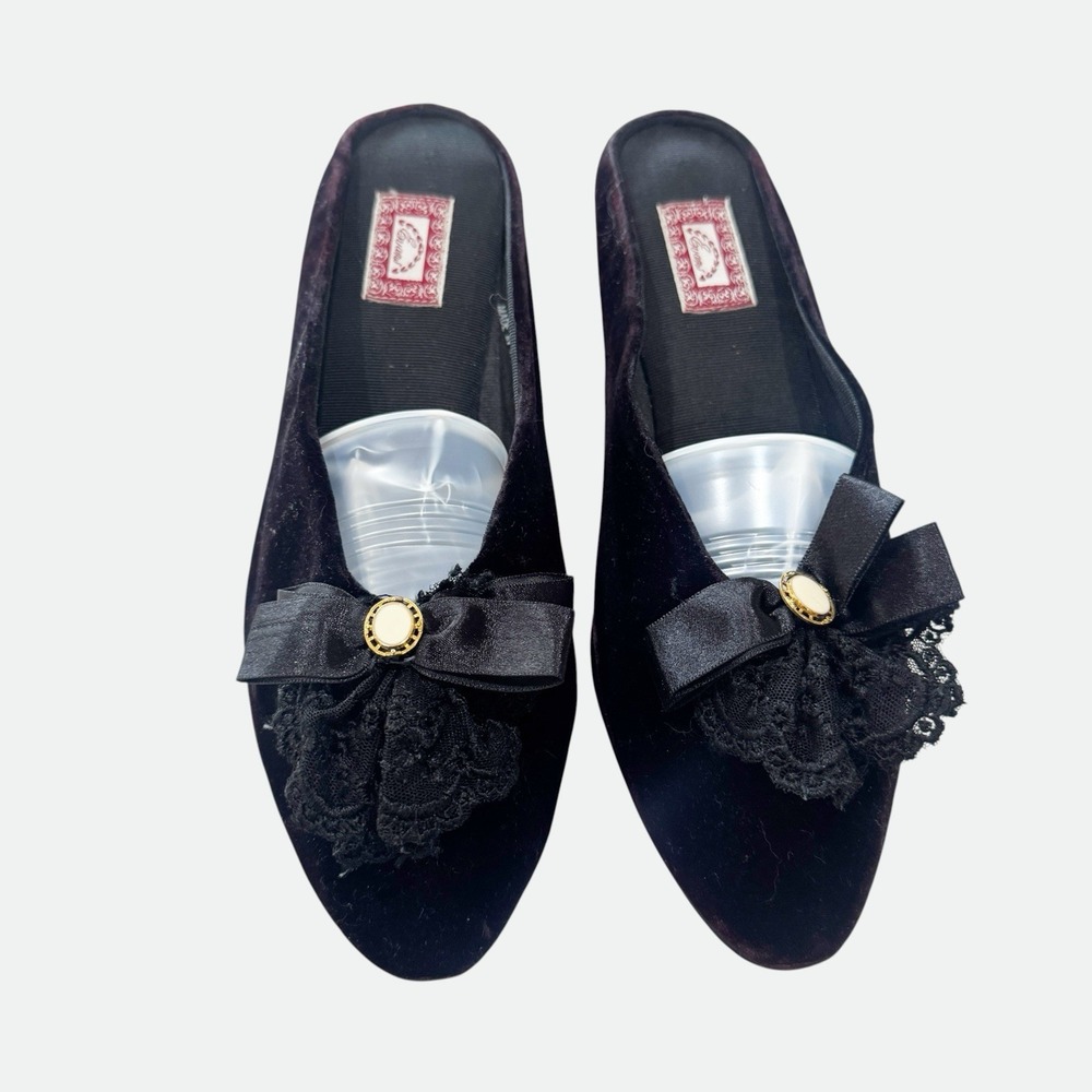 Vintage Gothic Black Red Ombre Velvet Mule Lace Bow & Gold Pearl Accent Boudoir